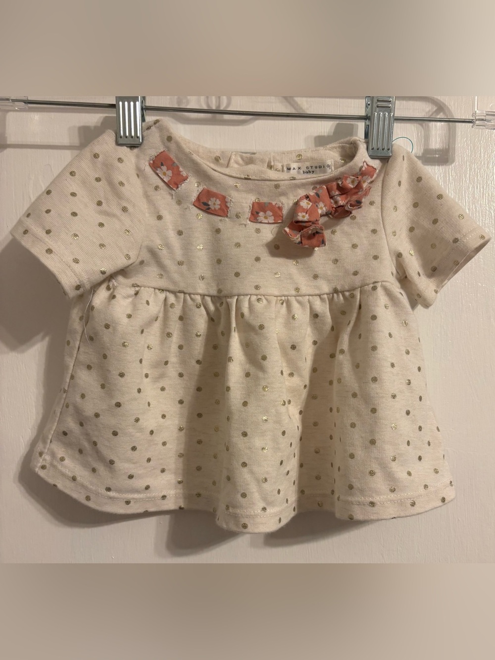 Max Studio Baby Cream Dress with Gold Dot Accents and Floral Bow